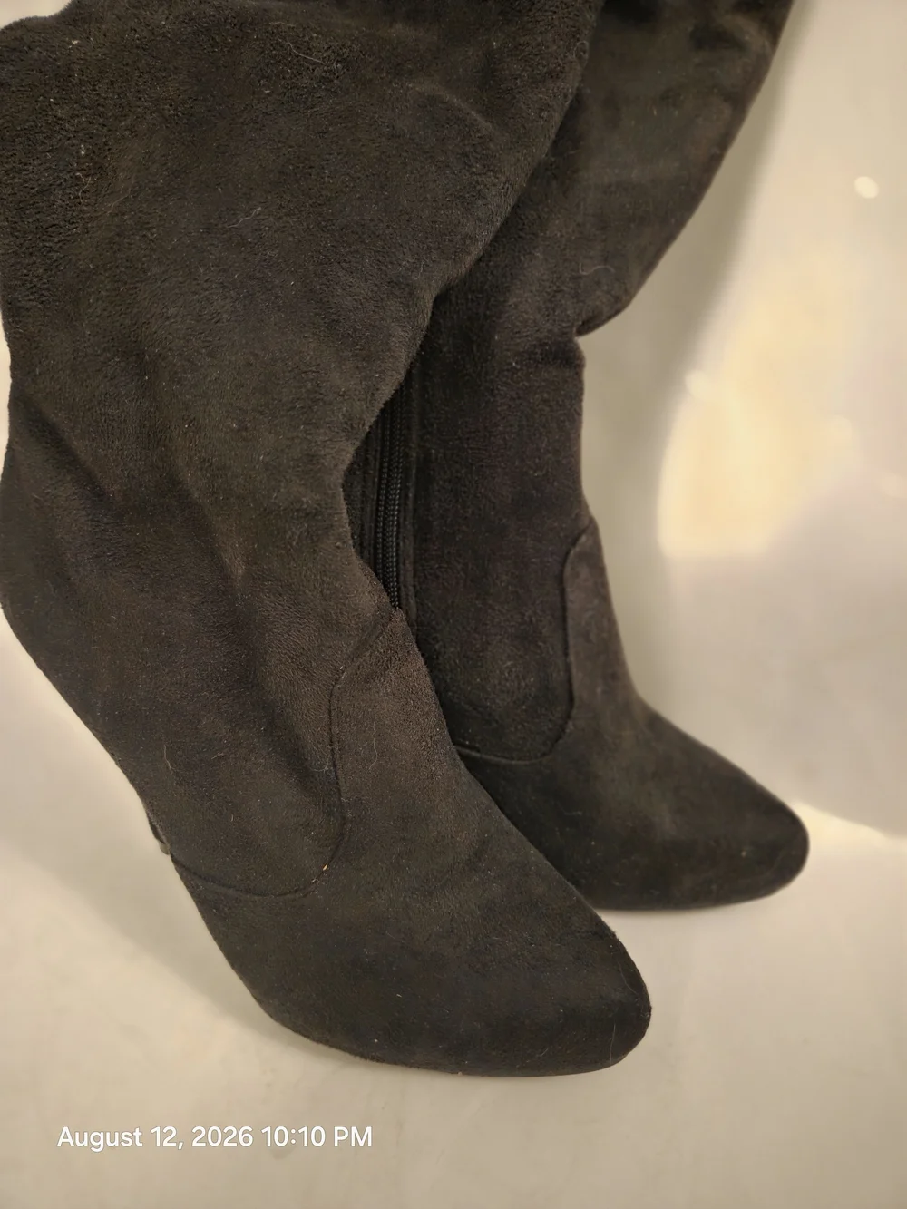 Over-the-Knee Black Suede Stiletto Boots with Back Tie